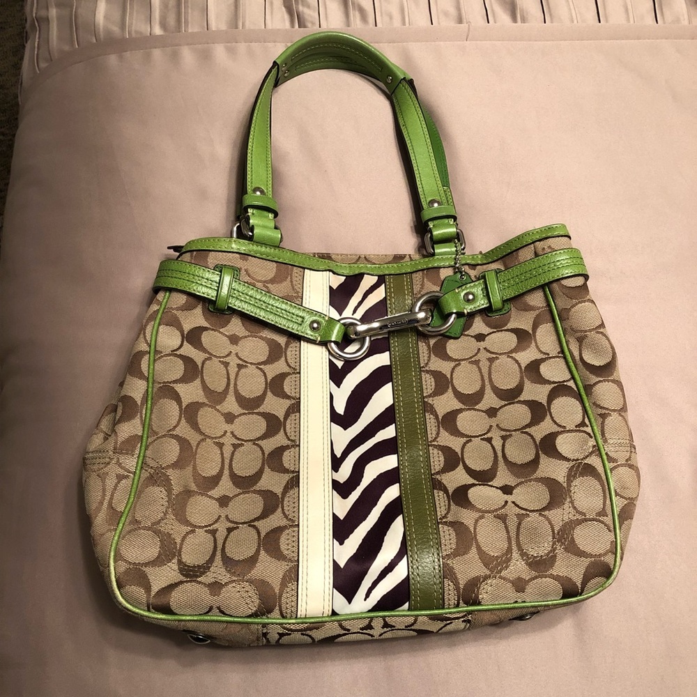COACH NANCY STRIPE SIGNATURE TOTE BAG PURSE zebra